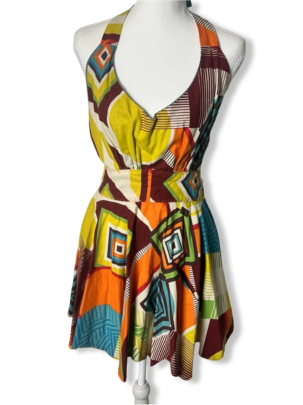 Handmade Vintage Abstract Geometric Print Halter Apron Multicolor Sz XS/S